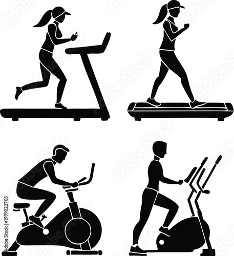 A black vector silhouette collection of diverse people exercising on fitness equipment