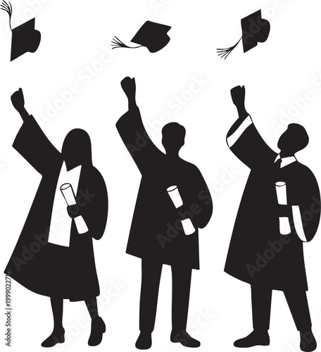 Black silhouette students tossing graduation caps and holding diplomas