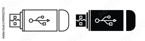 Two stylized icons representing a USB flash drive with contrasting outlines and solid fill