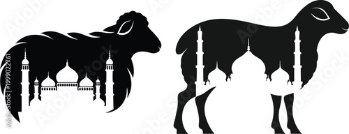Eid al Adha bakrid mubarak minimal goat silhouette with mosque illustration symbolizing sacrifice faith and islamic festival greeting card background desig