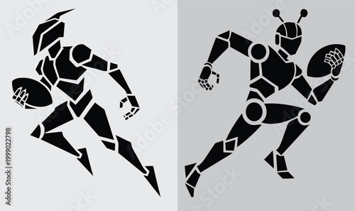 Futuristic robot American football player running silhouette vector with the ball in a dynamic pose