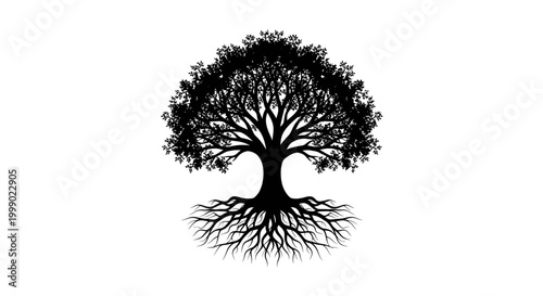 Majestic Tree Silhouette with Deep Roots on White Background