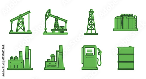 Oil Industry Icons: Pumpjack, Rig, Refinery, Tank, Gas Pump, Barrel