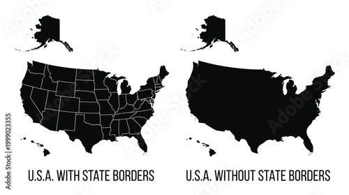 American geography element pack in monochrome minimalist style, including detailed country regions, political subdivisions, and national territorial boundaries.
