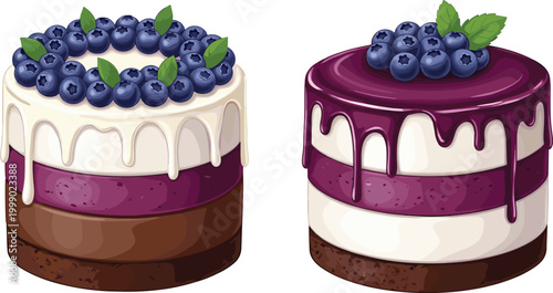 Delicious blueberry layered cakes with cream and chocolate dessert vector illustration sweet bakery food design isolated on white background