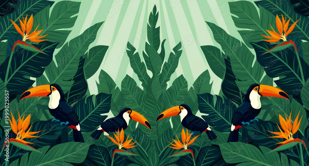 Obraz premium Toucans perching among tropical leaves and bird of paradise flowers. Vibrant vector illustration of lush jungle foliage with sunbeams. Exotic nature background ideal for summer decor and wallpaper.