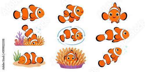 Clownfish swim playfully around vibrant coral reef sea anemones underwater