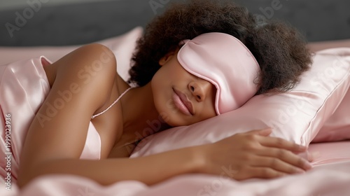 Sleeping woman in pink satin bed with eye mask