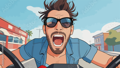 Panicked male driver shouting while operating a moving car