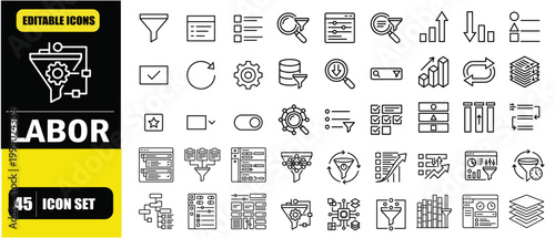 Filter and Sorting Icon Set – Data Filtering, Search Tools, Sorting Options, User Interface Controls and Data Organization Line Icons – Thin Line Editable Stroke Vector Illustration for UI UX, Web, Ap