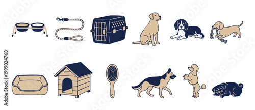 Dog Breed Icons and Pet Care Accessories Set, Modern Minimalist Vector Illustrations of Canine Companions, Bowls, Leash, Crate, House, and Grooming Tools for Veterinary Design or Animal Shelter Conten