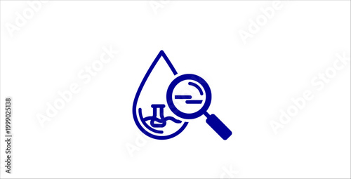 Water quality testing flat icon design style outline icons set. water analysis, laboratory testing, magnifying glass, droplet symbol, chemical flask, purity control