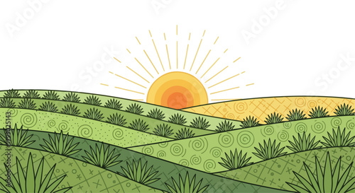 Scenic landscape with rolling green hills and a bright sunrise illuminating the countryside in a peaceful natural