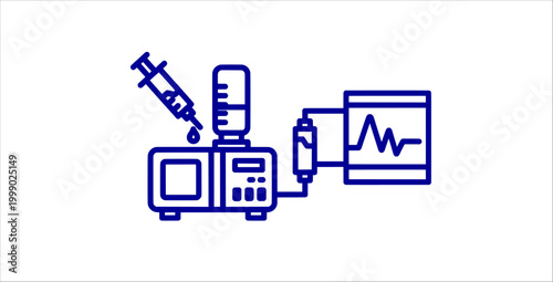 Medical equipment system outline icons set. healthcare, syringe injection, iv drip, patient monitor, ecg waveform, hospital device, clinical technology, treatment tools