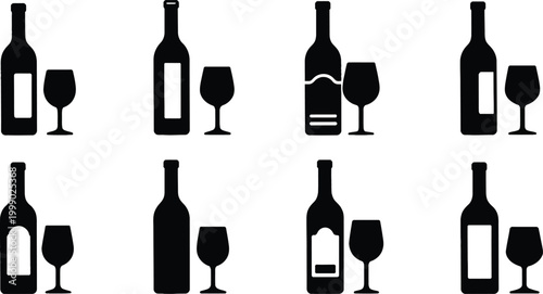 black silhouette icons depicting various styles of wine bottles alongside matching wine glasses.