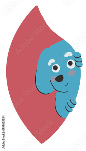 Blue dog peeking through the wall