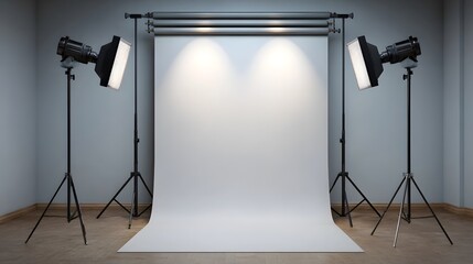 A professional studio lighting setup featuring a seamless white backdrop ideal for product photography and e commerce visualization