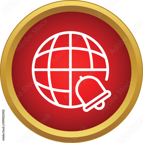 Globe and bell on a red circle symbolizing worldwide alerts and communications