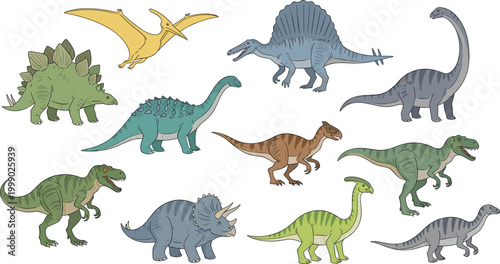 Dinosaur species collection with prehistoric reptiles in colorful cartoon educational vector illustration set