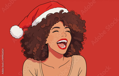 Joyful Christmas Woman with Curly Hair Laughing Happily