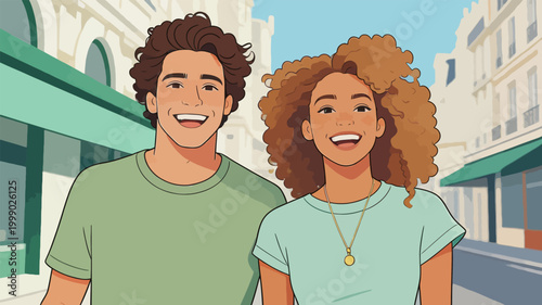 Happy young couple walking on european city street