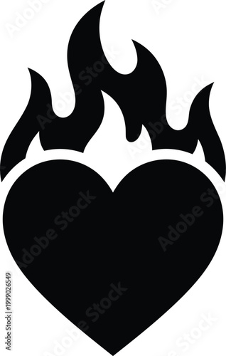 Black Flaming Heart Silhouette - Minimalist Burning Love Icon and Passion Symbol Vector Illustration.eps