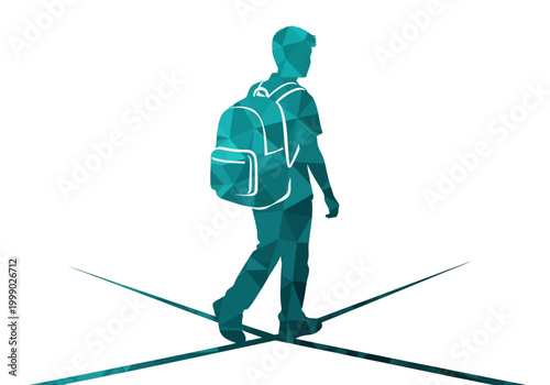 Student Silhouette with Backpack at Crossroads, Teal Geometric Low Poly Concept for Education, Career Decisions, and Future Life Journey Paths