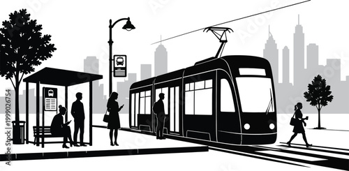 Black and white silhouette of  a sleek, low-floor tram or light rail vehicle stopped to board passengers.