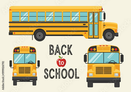 Yellow School Bus Vector Illustration Set with Side and Front Views, Back to School Concept with Apple Icon for Educational Design and Posters