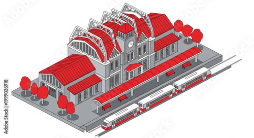 Modern Train Station Building with Platform and Trees.
