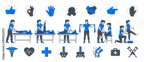 Physical Therapy Treatment Icon Set with Exercises and Rehabilitation Procedures, Professional Physiotherapy Care Concept Illustration Featuring Patient Care, Recovery Movements, and Medical Health Sy