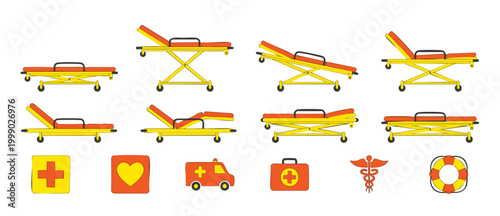 Ambulance stretcher medical cart set, emergency patient gurney collection with healthcare icons, vector flat illustration of hospital transportation equipment for paramedic and rescue services isolate