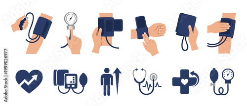 Blood Pressure Measurement Icon Set, Sphygmomanometer and Heart Health Symbols for Medical Infographics and Patient Monitoring, Flat Vector Illustration of Hypertension Checkup Diagnostic Tools and Ca