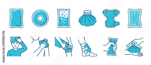 Cold Pack and Ice Therapy Vector Icon Set for First Aid and Injury Treatment, Showing Medical Compress Application on Knee, Ankle, Shoulder and Head for Inflammation and Pain Relief Recovery Help