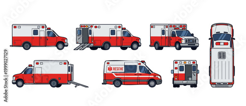 Ambulance vehicle set, emergency rescue van in multiple views, flat vector design. Red and white medical transport car, hospital paramedic service transport, isolated icons for infographic animation.