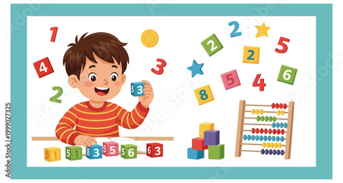child playing with number blocks on transparent background