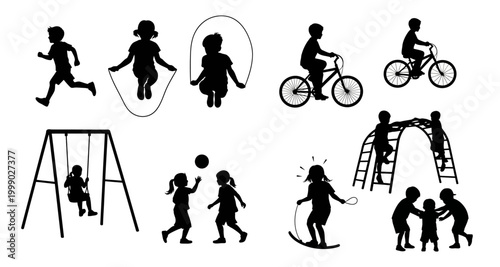 children playing silhouettes on transparent background high quality