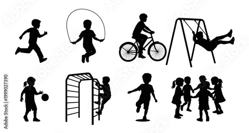 children playing silhouettes on transparent background high quality