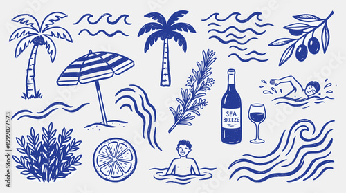 Summer travel decorative elements set, hand drawn blue ink style, palm trees, beach waves, wine, swimming, and nature