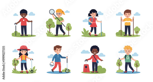 Group of children hiking and exploring colorful vector illustration on transparent background