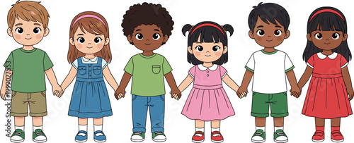 Diverse kids holding hands multicultural children unity friendship cartoon vector illustration inclusive community diversity and togetherness concept design