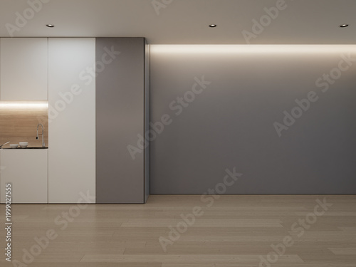 Neutral indoor led strip glow in cozy japandi style interior. 3d rendering of empty dining room with kitchen counter and copy space wall for background.