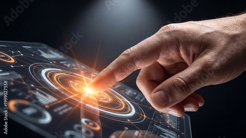 Human hand interacting with a futuristic digital interface, showcasing advanced data visualization and innovative technology for global connectivity and business solutions