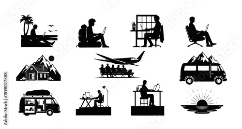 set of work and travel silhouettes on transparent background