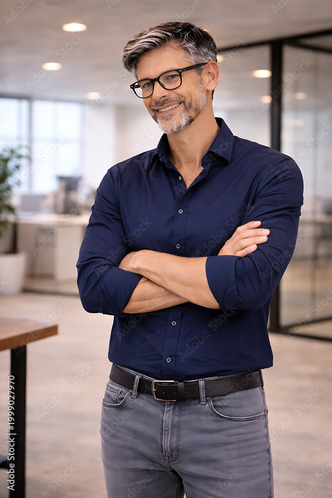Fototapeta premium Smiling businessman with gray hair poses confidently in an office setting