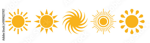 Solar weather theme decorative elements set minimalist style, golden light rays, celestial bodies, summer, and sunshine