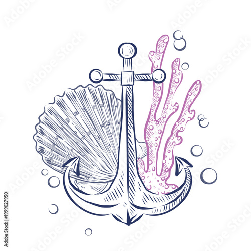 A vector composition featuring an anchor with shells, a coral reef, and air bubbles. All objects are hand-drawn in ink. This illustration is suitable for graphic design with a beach and marine theme.