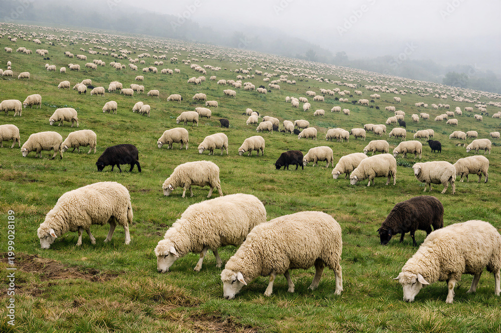 Fototapeta premium Flock of sheep grazing peacefully across misty green pasture landscape scene beautiful