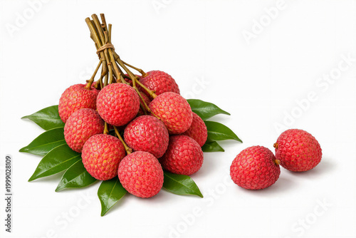 Cluster of ripe lychee fruits with leaves arranged naturally on plain background