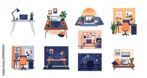 vector illustration of various office setups on transparent background
